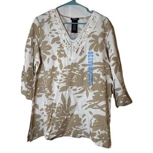 Premise Womens Linen Blend Floral Tunic Top Large Beige White Crochet Boho NWT